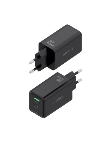 AISENS Cargador GaN 65W, 2xUSB-C PD3.0 QC4.0, 1xUSB-A QC3.0, Negro