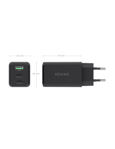 AISENS Cargador GaN 65W, 2xUSB-C PD3.0 QC4.0, 1xUSB-A QC3.0, Negro