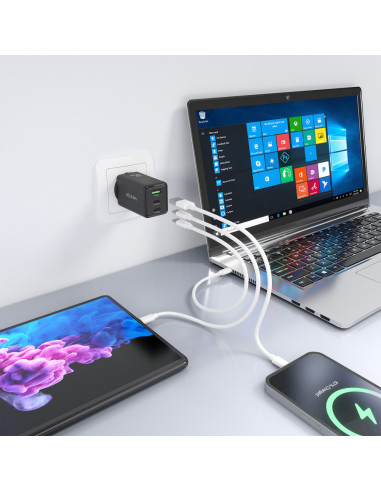 AISENS Cargador GaN 65W, 2xUSB-C PD3.0 QC4.0, 1xUSB-A QC3.0, Negro