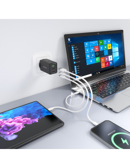 AISENS Cargador GaN 65W, 2xUSB-C PD3.0 QC4.0, 1xUSB-A QC3.0, Negro