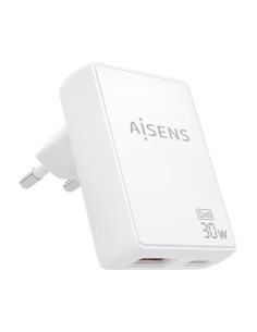 AISENS Cargador De Pared GaN Ultra Delgado 30W, 1xUSB-C PD3.0 QC4.0, 1xUSB-A QC3.0, Blanco