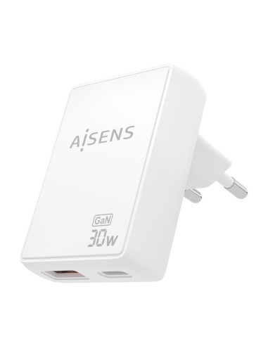 AISENS Cargador De Pared GaN Ultra Delgado 30W, 1xUSB-C PD3.0 QC4.0, 1xUSB-A QC3.0, Blanco