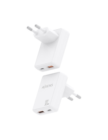 AISENS Cargador De Pared GaN Ultra Delgado 30W, 1xUSB-C PD3.0 QC4.0, 1xUSB-A QC3.0, Blanco