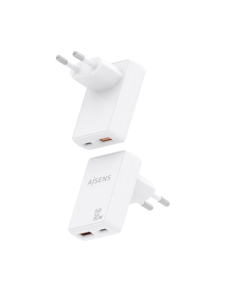 AISENS Cargador De Pared GaN Ultra Delgado 30W, 1xUSB-C PD3.0 QC4.0, 1xUSB-A QC3.0, Blanco