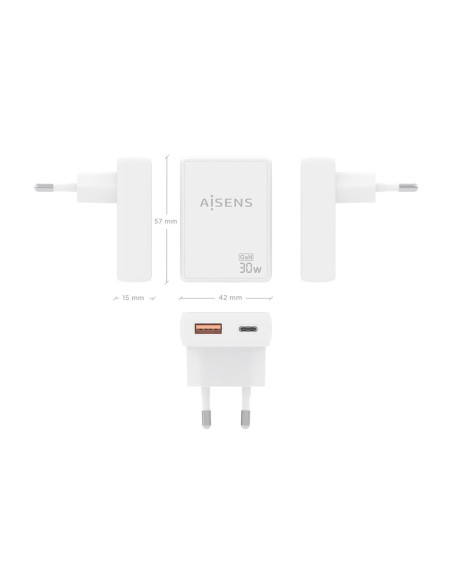 AISENS Cargador De Pared GaN Ultra Delgado 30W, 1xUSB-C PD3.0 QC4.0, 1xUSB-A QC3.0, Blanco