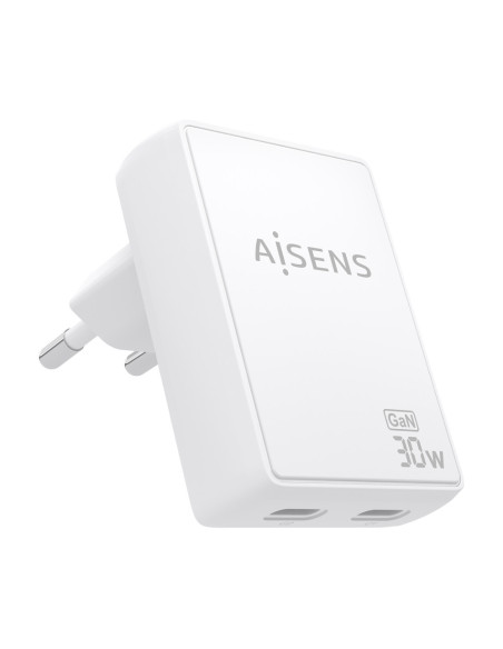 AISENS Cargador De Pared GaN Ultra Delgado 30W, 2xUSB-C PD3.0 QC4.0, Blanco