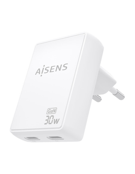 AISENS Cargador De Pared GaN Ultra Delgado 30W, 2xUSB-C PD3.0 QC4.0, Blanco