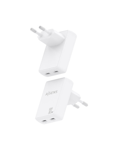 AISENS Cargador De Pared GaN Ultra Delgado 30W, 2xUSB-C PD3.0 QC4.0, Blanco