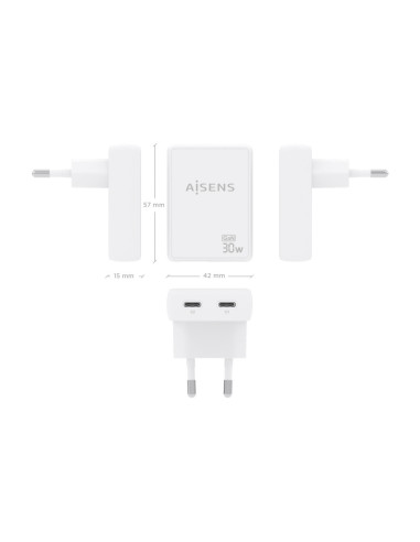 AISENS Cargador De Pared GaN Ultra Delgado 30W, 2xUSB-C PD3.0 QC4.0, Blanco