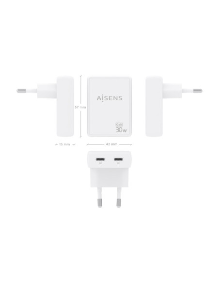 AISENS Cargador De Pared GaN Ultra Delgado 30W, 2xUSB-C PD3.0 QC4.0, Blanco