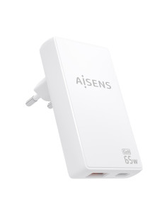 AISENS Cargador De Pared GaN Ultra Delgado 65W, 1xUSB-C PD3.0 QC4.0, 1xUSB-A QC3.0, Blanco