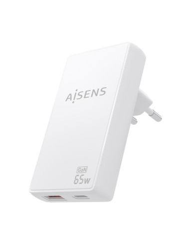AISENS Cargador De Pared GaN Ultra Delgado 65W, 1xUSB-C PD3.0 QC4.0, 1xUSB-A QC3.0, Blanco
