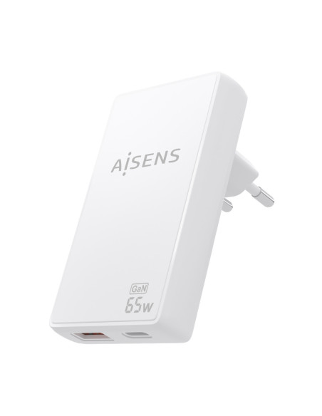 AISENS Cargador De Pared GaN Ultra Delgado 65W, 1xUSB-C PD3.0 QC4.0, 1xUSB-A QC3.0, Blanco