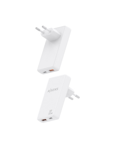 AISENS Cargador De Pared GaN Ultra Delgado 65W, 1xUSB-C PD3.0 QC4.0, 1xUSB-A QC3.0, Blanco