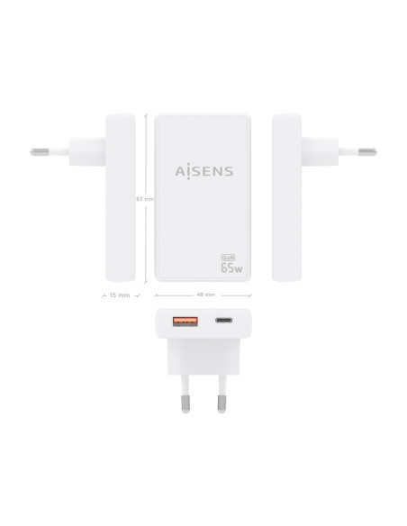 AISENS Cargador De Pared GaN Ultra Delgado 65W, 1xUSB-C PD3.0 QC4.0, 1xUSB-A QC3.0, Blanco