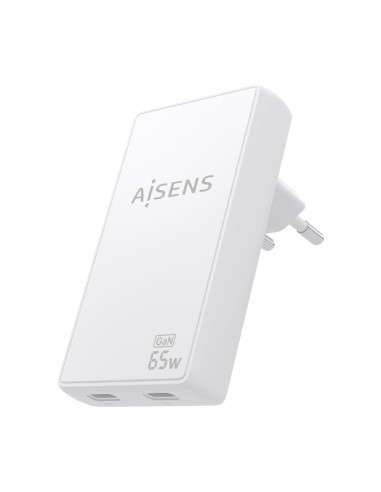 AISENS Cargador De Pared GaN Ultra Delgado 65W, 2xUSB-C PD3.0 QC4.0, Blanco