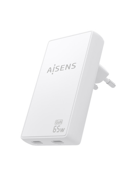 AISENS Cargador De Pared GaN Ultra Delgado 65W, 2xUSB-C PD3.0 QC4.0, Blanco