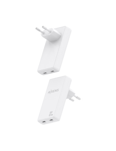AISENS Cargador De Pared GaN Ultra Delgado 65W, 2xUSB-C PD3.0 QC4.0, Blanco