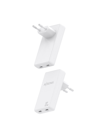 AISENS Cargador De Pared GaN Ultra Delgado 65W, 2xUSB-C PD3.0 QC4.0, Blanco