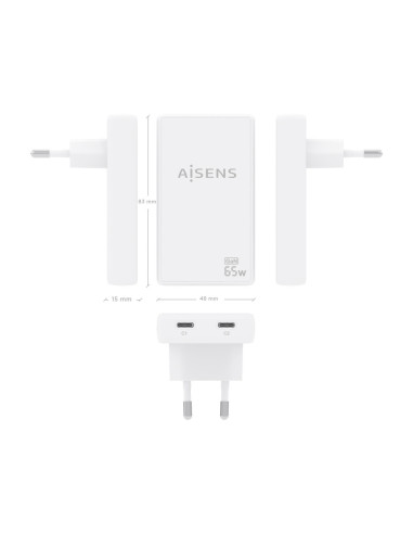 AISENS Cargador De Pared GaN Ultra Delgado 65W, 2xUSB-C PD3.0 QC4.0, Blanco