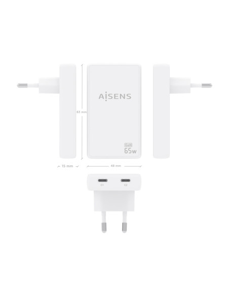 AISENS Cargador De Pared GaN Ultra Delgado 65W, 2xUSB-C PD3.0 QC4.0, Blanco