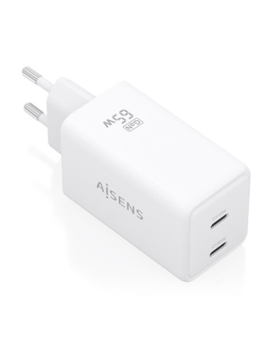 AISENS Cargador GaN 65W, 2xUSB-C PD3.0 QC4.0, Blanco