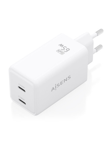 AISENS Cargador GaN 65W, 2xUSB-C PD3.0 QC4.0, Blanco