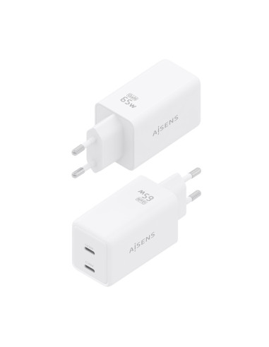 AISENS Cargador GaN 65W, 2xUSB-C PD3.0 QC4.0, Blanco