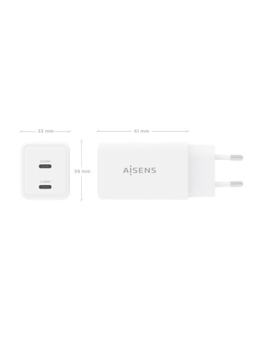 AISENS Cargador GaN 65W, 2xUSB-C PD3.0 QC4.0, Blanco