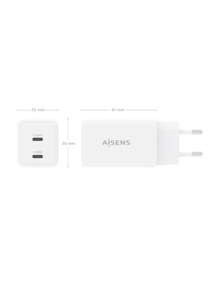 AISENS Cargador GaN 65W, 2xUSB-C PD3.0 QC4.0, Blanco