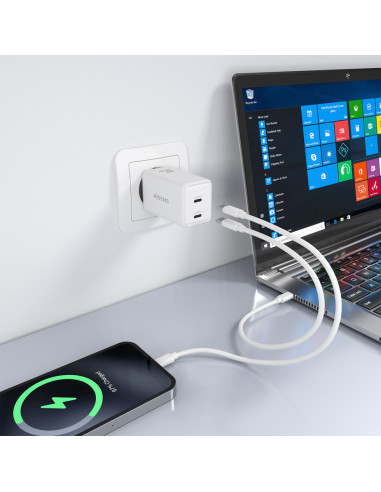 AISENS Cargador GaN 65W, 2xUSB-C PD3.0 QC4.0, Blanco