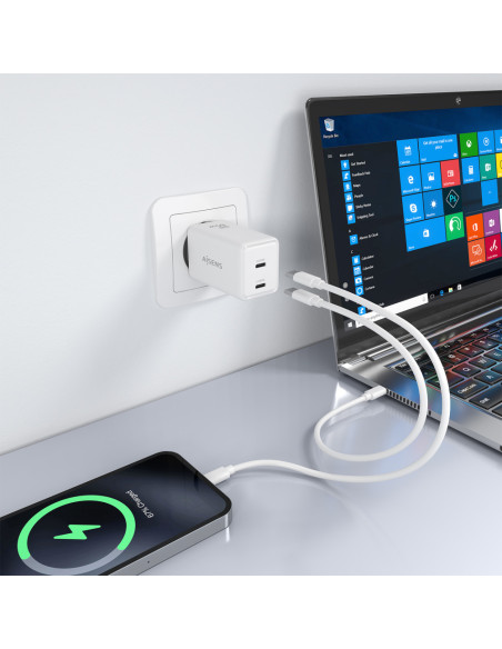 AISENS Cargador GaN 65W, 2xUSB-C PD3.0 QC4.0, Blanco