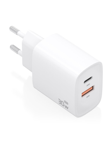 AISENS Cargador GaN 30W, 1xUSB-C PD3.0 QC4.0, 1xUSB-A QC3.0, Blanco