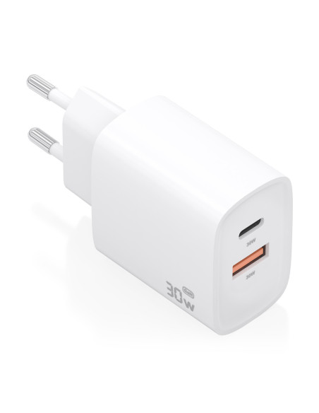 AISENS Cargador GaN 30W, 1xUSB-C PD3.0 QC4.0, 1xUSB-A QC3.0, Blanco