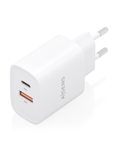 AISENS Cargador GaN 30W, 1xUSB-C PD3.0 QC4.0, 1xUSB-A QC3.0, Blanco