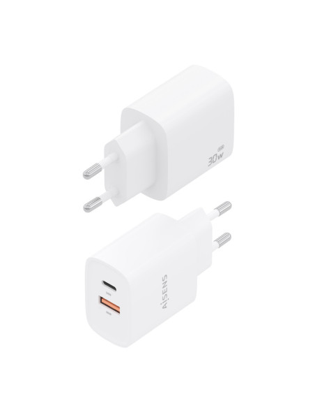 AISENS Cargador GaN 30W, 1xUSB-C PD3.0 QC4.0, 1xUSB-A QC3.0, Blanco