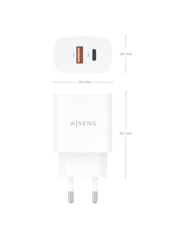 AISENS Cargador GaN 30W, 1xUSB-C PD3.0 QC4.0, 1xUSB-A QC3.0, Blanco
