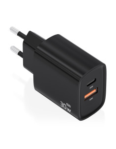 AISENS Cargador GaN 30W, 1xUSB-C PD3.0 QC4.0, 1xUSB-A QC3.0, Negro
