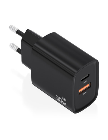 AISENS Cargador GaN 30W, 1xUSB-C PD3.0 QC4.0, 1xUSB-A QC3.0, Negro