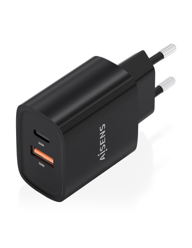 AISENS Cargador GaN 30W, 1xUSB-C PD3.0 QC4.0, 1xUSB-A QC3.0, Negro
