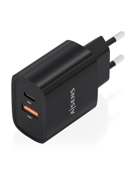 AISENS Cargador GaN 30W, 1xUSB-C PD3.0 QC4.0, 1xUSB-A QC3.0, Negro