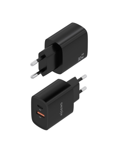 AISENS Cargador GaN 30W, 1xUSB-C PD3.0 QC4.0, 1xUSB-A QC3.0, Negro