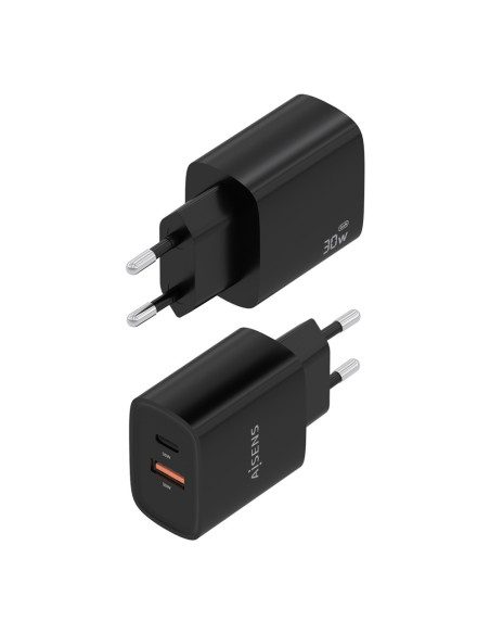 AISENS Cargador GaN 30W, 1xUSB-C PD3.0 QC4.0, 1xUSB-A QC3.0, Negro
