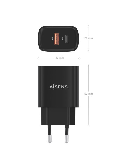 AISENS Cargador GaN 30W, 1xUSB-C PD3.0 QC4.0, 1xUSB-A QC3.0, Negro
