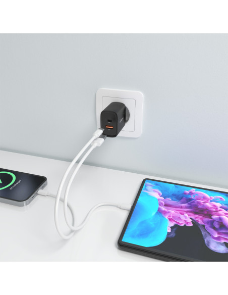 AISENS Cargador GaN 30W, 1xUSB-C PD3.0 QC4.0, 1xUSB-A QC3.0, Negro