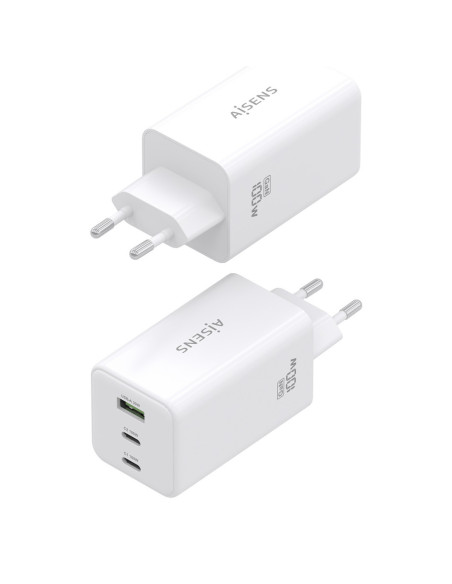 AISENS Cargador GaN 100W, 2x USB-C PD3.0 QC4.0 QC5.0, 1x USB-A QC3.0, Blanco