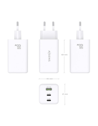 AISENS Cargador GaN 100W, 2x USB-C PD3.0 QC4.0 QC5.0, 1x USB-A QC3.0, Blanco