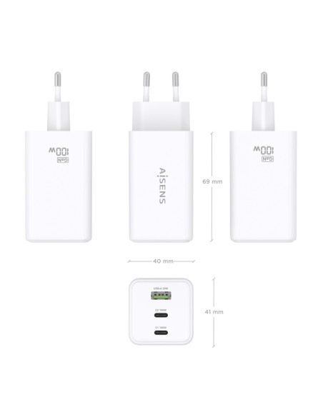 AISENS Cargador GaN 100W, 2x USB-C PD3.0 QC4.0 QC5.0, 1x USB-A QC3.0, Blanco
