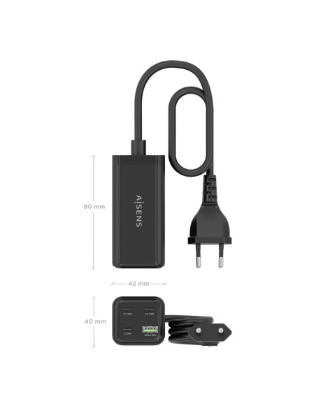 AISENS Cargador Sobremesa GaN 100W, 3x USB-C PD3.0 QC4.0 QC5.0, 1x USB-A QC3.0, Negro
