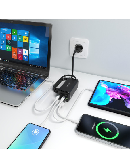 AISENS Cargador Sobremesa GaN 100W, 3x USB-C PD3.0 QC4.0 QC5.0, 1x USB-A QC3.0, Negro